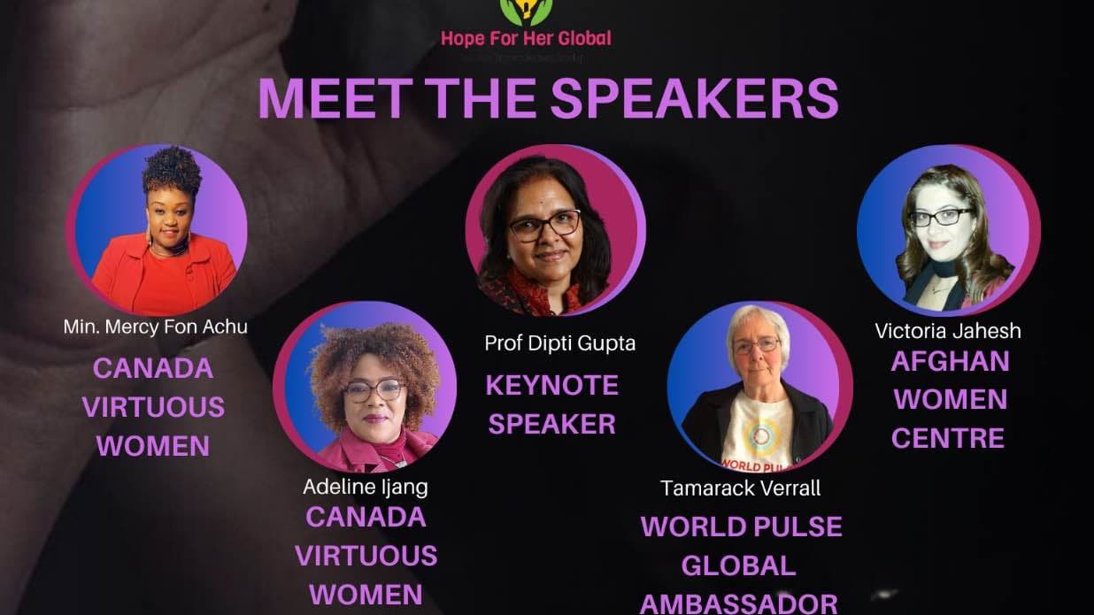A poster of the event, Mercy and Adeline from Ottawa, Dipti, Victoria and me from Montreal, together to speak to open 16 Days 2023.