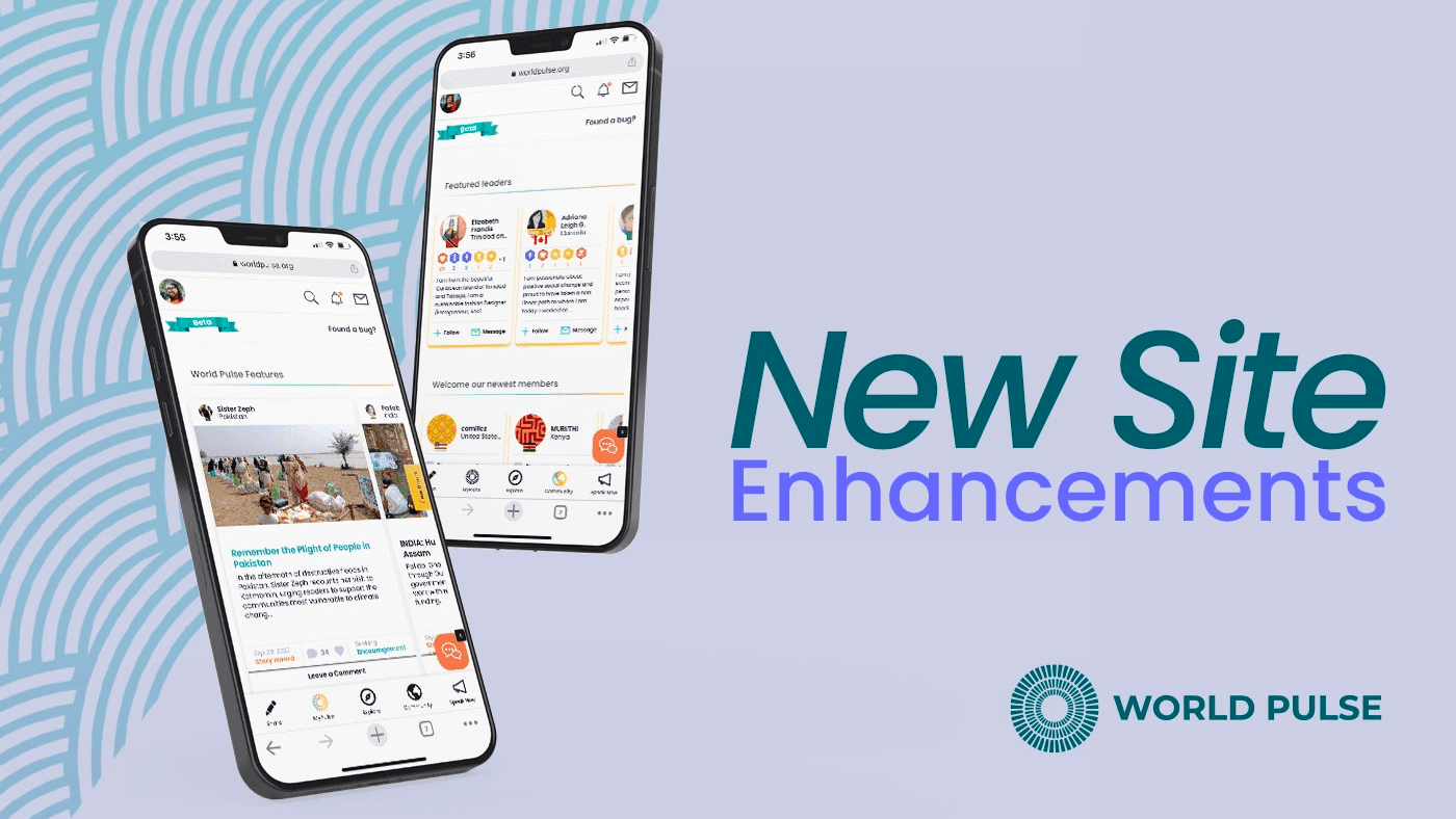 Two images of a mobile phone screens showing the World Pulse app along side a legend that reads 'New Site Enhancements'.